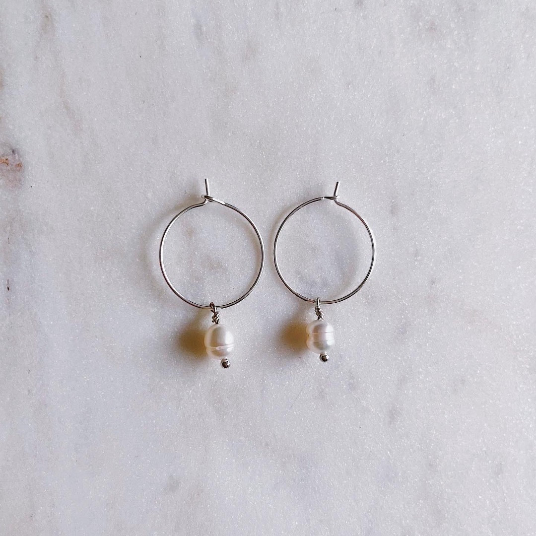 Freshwater Pearl Hoop Earrings - Silver